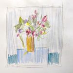 Dessin d'un bouquet de fleurs en pot au crayon et colorié rapidement aux crayons de couleurs