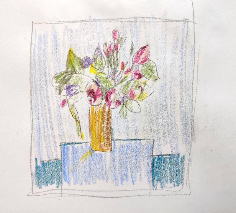Dessin d'un bouquet de fleurs en pot au crayon et colorié rapidement aux crayons de couleurs