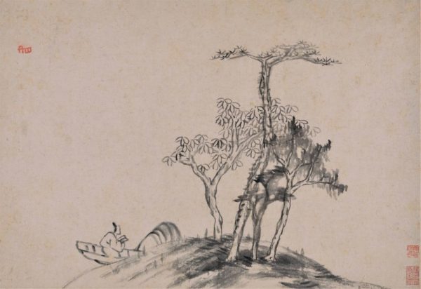 À l'encre sur papier, un groupe d'arbres au premier plan et un homme dans une barque au second