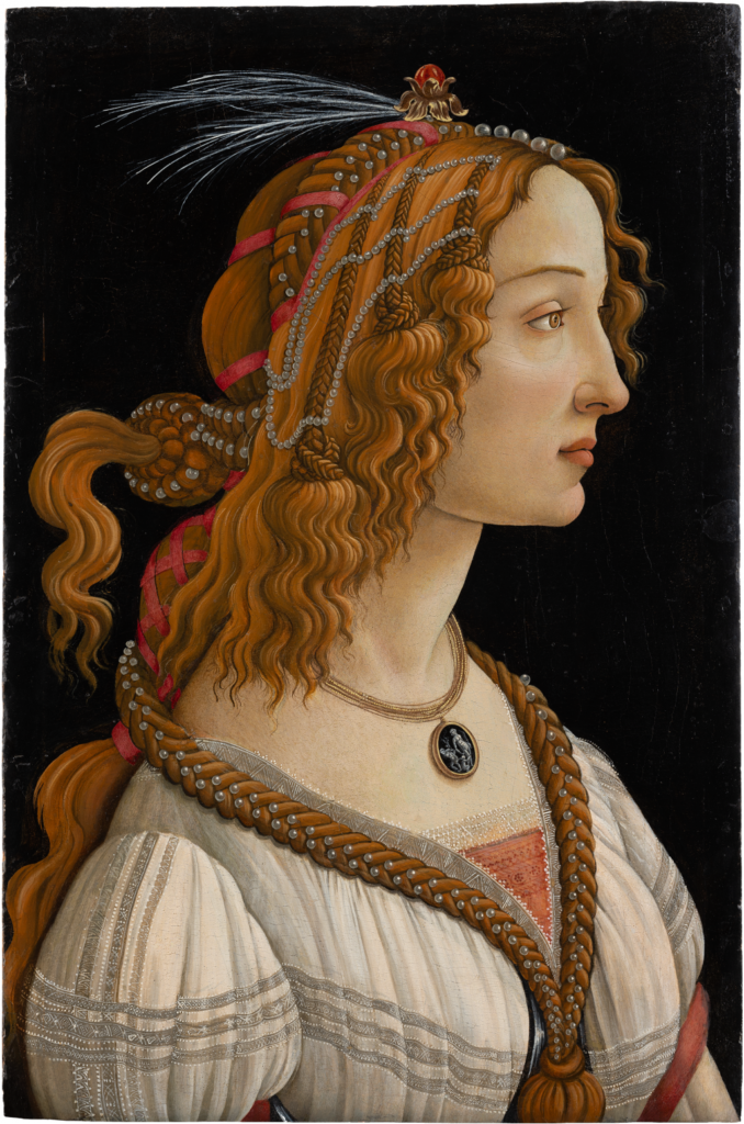 Peinture d'un buste de femme avec de nombreux bijoux dans les cheveux et un pendentif de profil