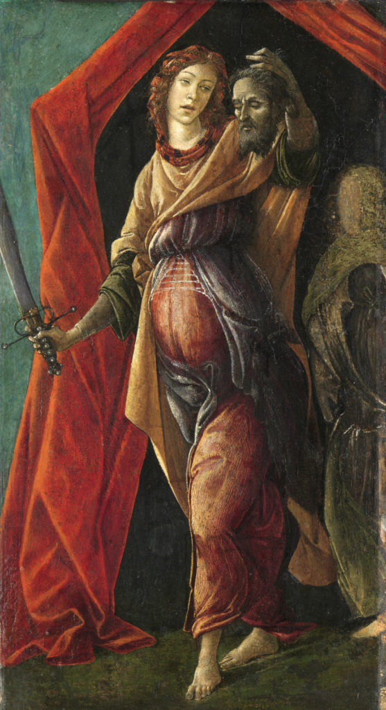 Peinture représentant Judith sortant, épée au poing, d'une tente, tenant la tête coupée d'Holopherne par les cheveux