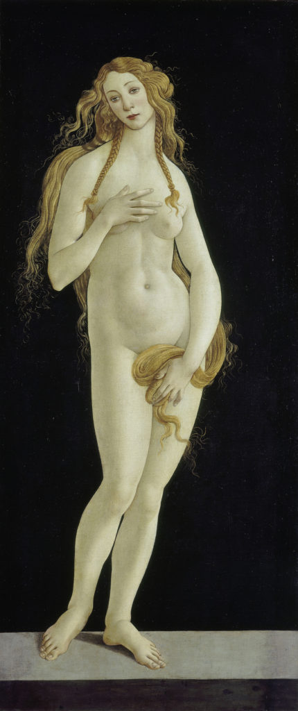 Peinture d'une femme nue, une main sur un sein et une ramenant sa longue chevelure blonde sur son pubis