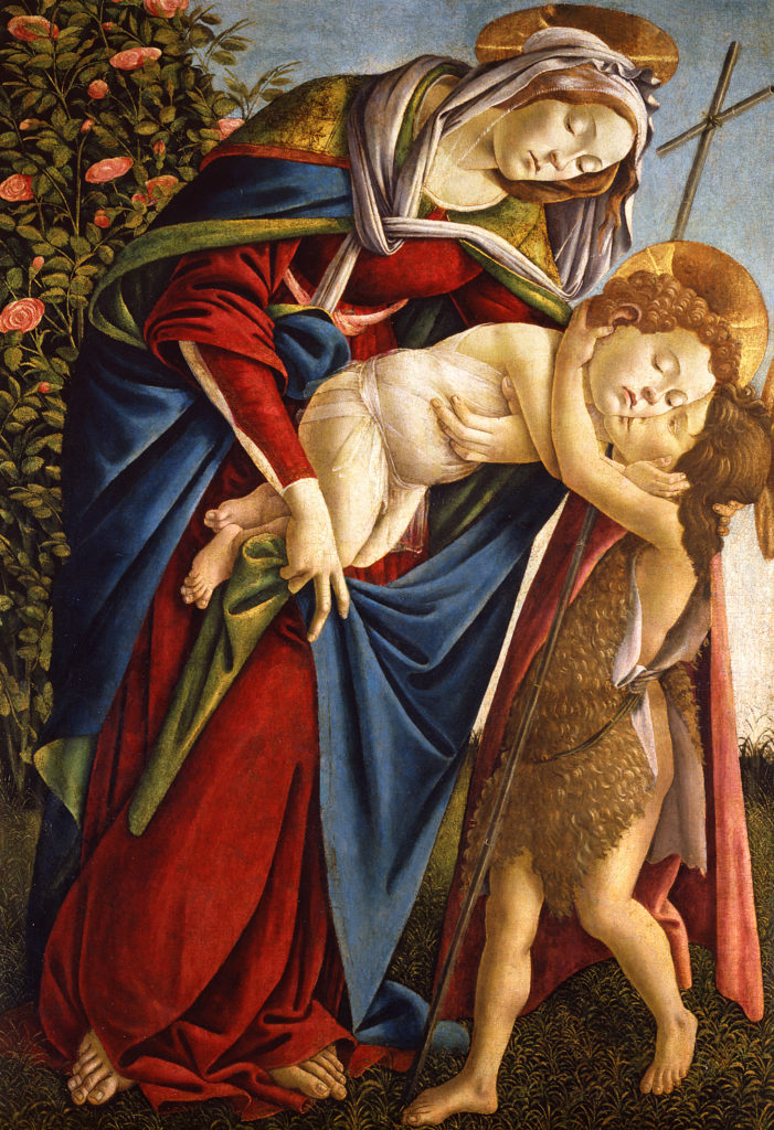 Vierge penchée, presque à 90°, tenant l'enfant Jésus penché pour que le petit Saint Jean-Baptiste pluisse l'embrasser