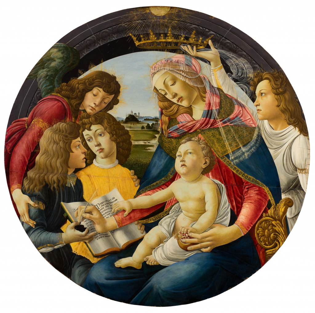 Tableau rond où est représentée la vierge avec l'enfant Jésus , un ange et trois garçons