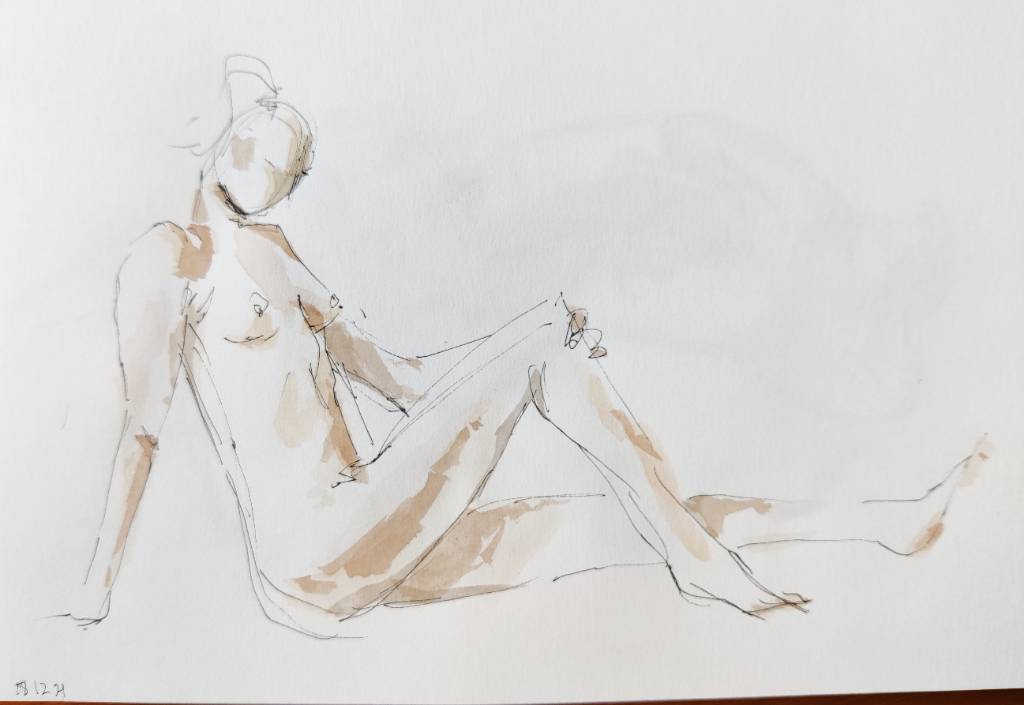 Dessin au feutre fin d'une femme nue assise avec des rehauts de différentes nuances de beige pour faire des ombres