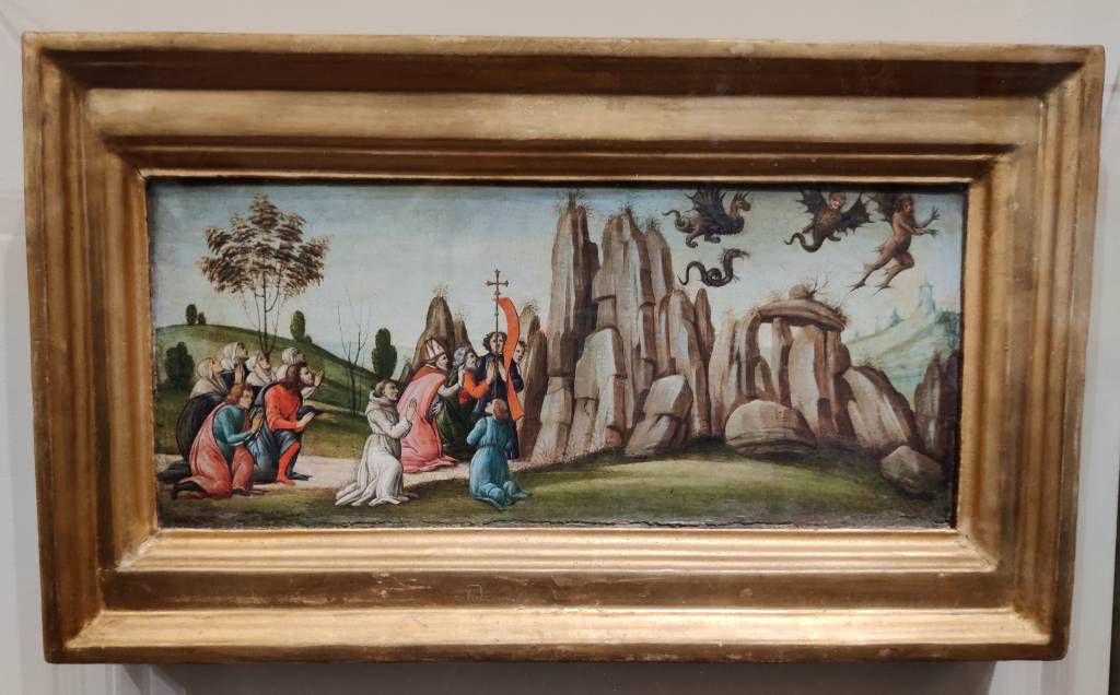 Peinture d'n groupe d'hommes et de femmes agenouillés regardant un groupe de religieux puis des démons (sortes de dragons, serpent aïlé, homme velu) s'envolant