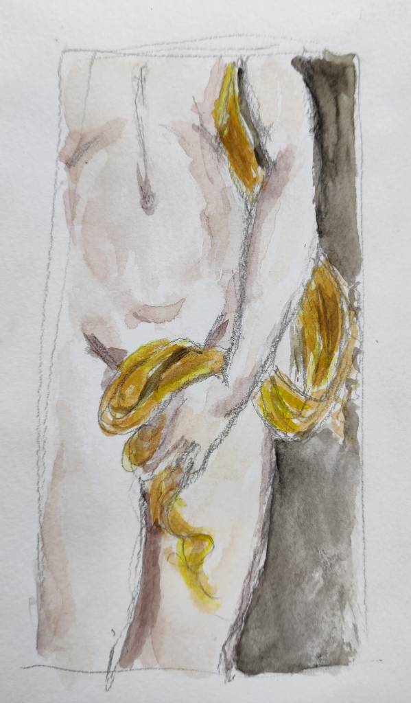 Dessin d'une partie du coprs d'une femme (du ventre à mi-cuisse) dont la chevelure blonde descent de derrière son épaule à sa main devant son pubis