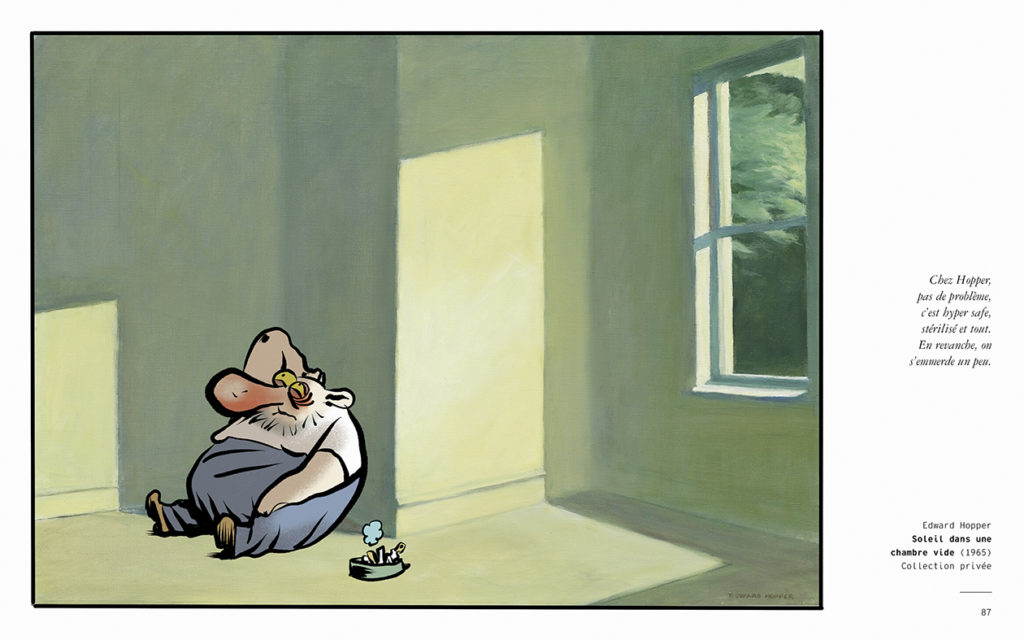 Personnage de BD assis par terre contre un mur au sein d'une peinture de pièce vide avec une fenêtre