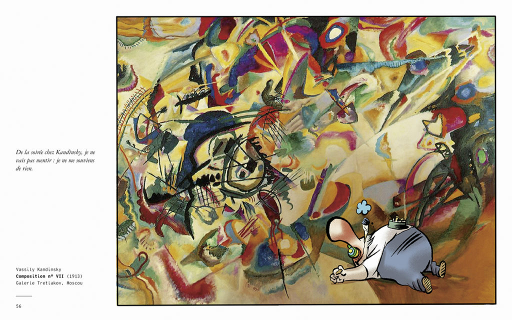 Personnage de BD allongé fumant un joint dessiné au sein d'un tableau abstrait où foisonnent couleurs et formes