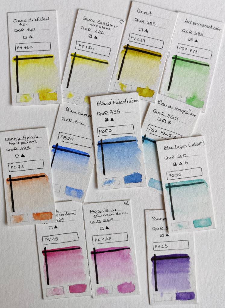 12 rectangles avec les propriétés des couleurs écrites et quelques tests de couleur (transparence, dispersion, ténacité)
