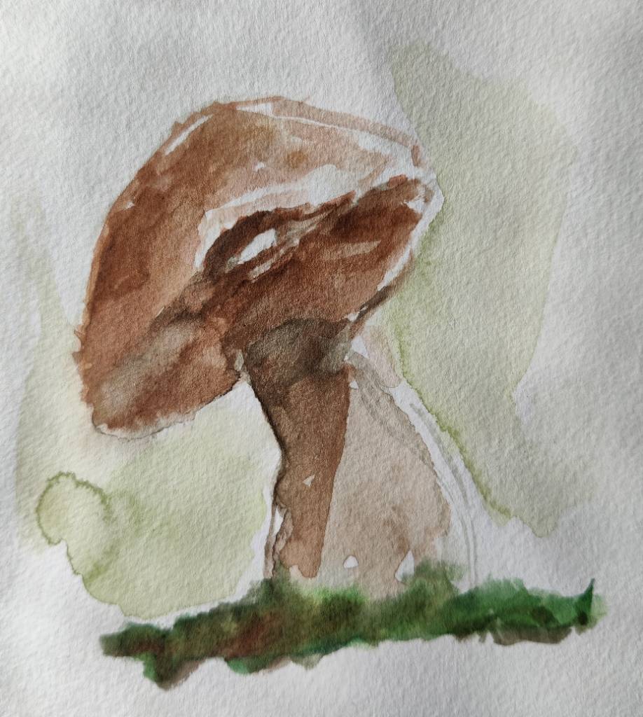 Un gros champignon vu depuis le sol à l'aquarelle