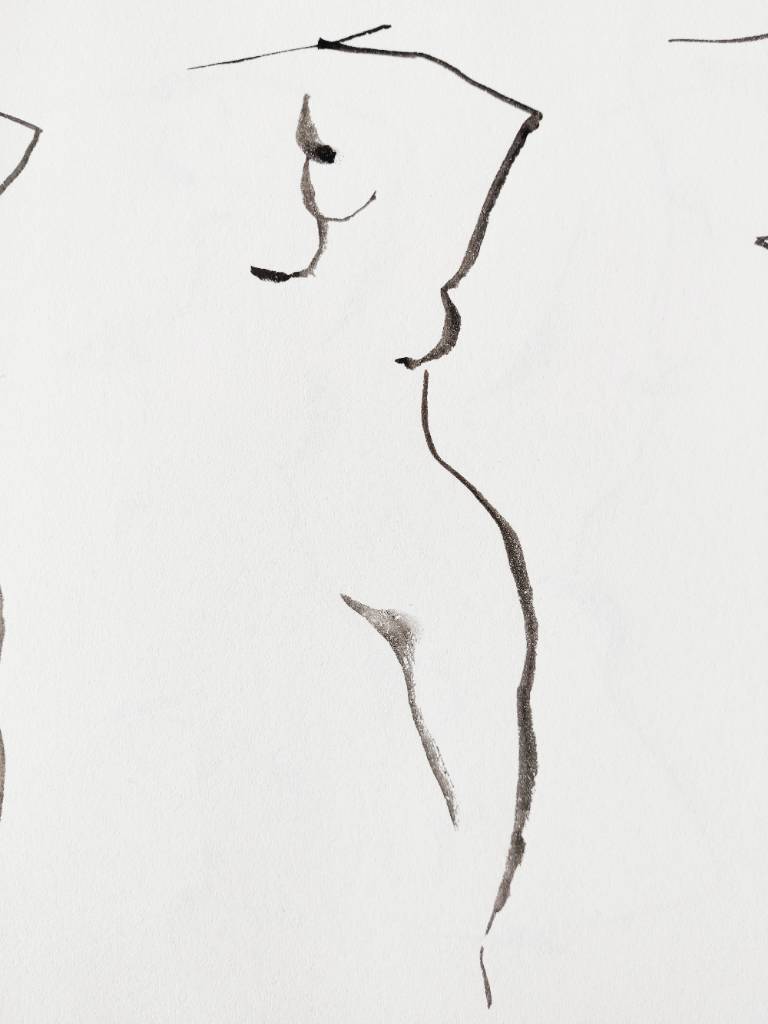 Une silhouette matérialisée par quelques traits de pinceau à l'encre noire : côté droit du corps, pubis et début de la cuisse gauche, un peu de visage