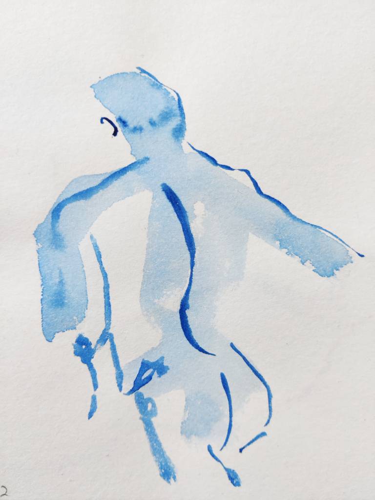 Croquis d'un homme nu de dos, coupé sous les fesses, à l'aquarelle bleue.