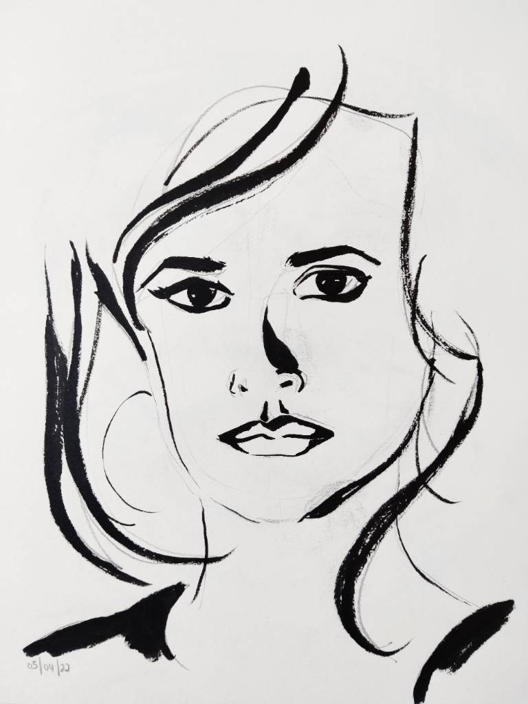 Esquisse d'un visage au pinceau et à l'encre noire (il s'agit de Penelope Cruz mais je ne suis pas sûre qu'on la reconnaisse)