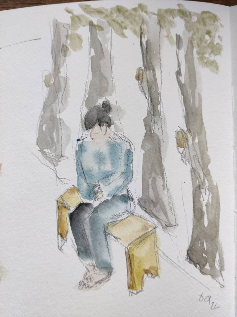Un homme assis sur un banc, pensif, à l'aquarelle — mais c'est un peu raté