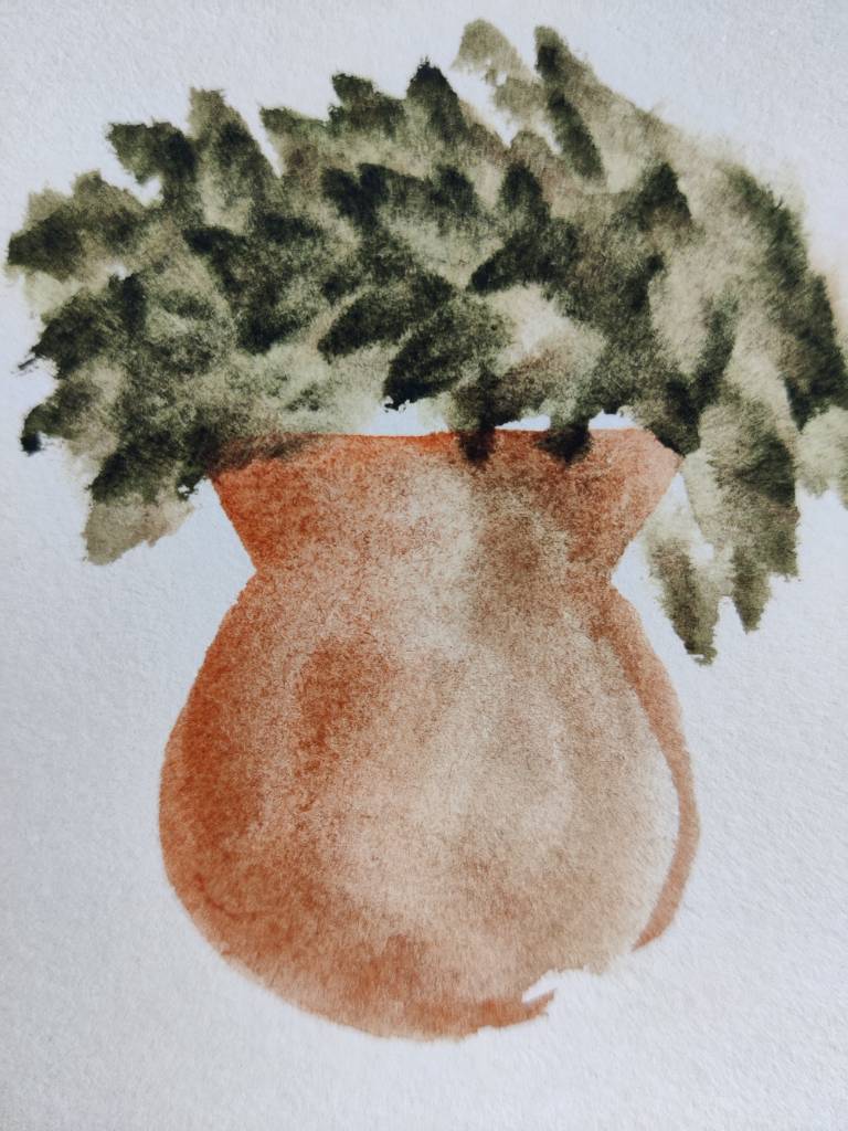 Un pot en terre avec une plante à grosses feuilles peints à l'aquarelle orange et verte