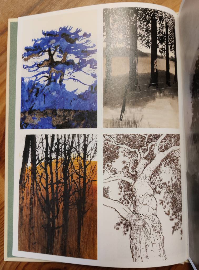 Sur une page, quatre dessins d'arbres dans des techniques et styles différents