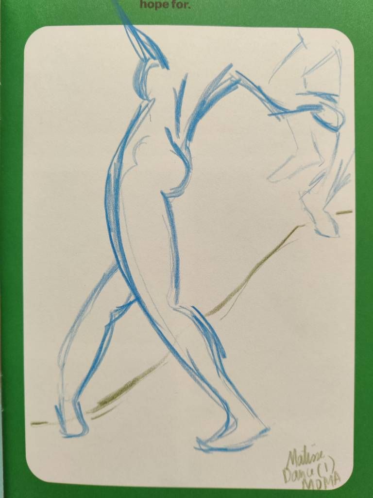 Rapides trait de crayon de couleur bleu reprenant une silhouette de danseur