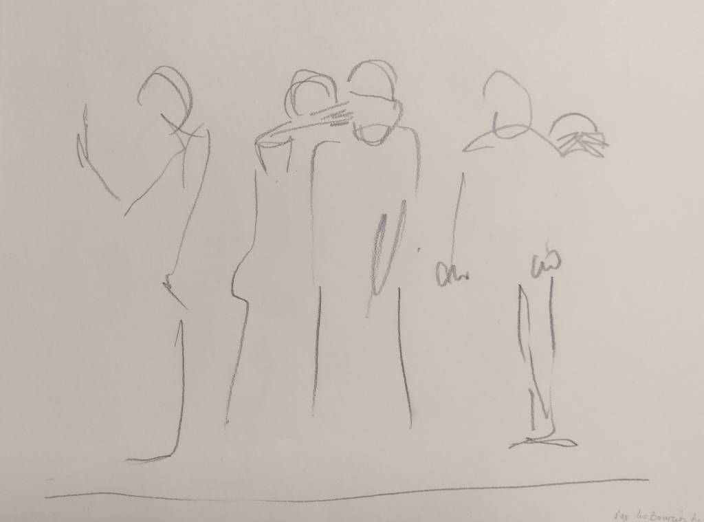 Croquis très succinct où l'on devine cinq hommes debout (notez que la sculpture qui a servi de modèle en compte normalement six)