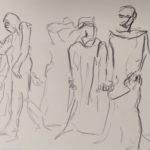 Croquis au trait plutôt brouillon faisant deviner la silhouette de cinq hommes (notez que la sculpture qui a servi de modèle en compte normalement six)