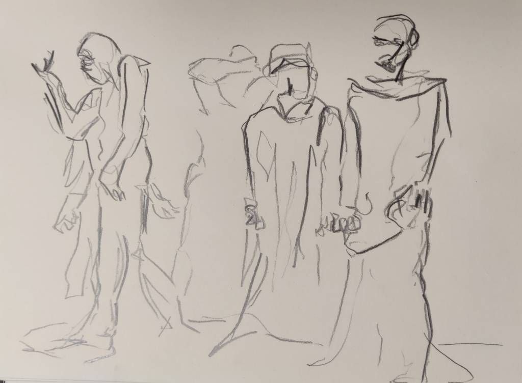 Croquis au trait plutôt brouillon faisant deviner la silhouette de cinq hommes (notez que la sculpture qui a servi de modèle en compte normalement six)