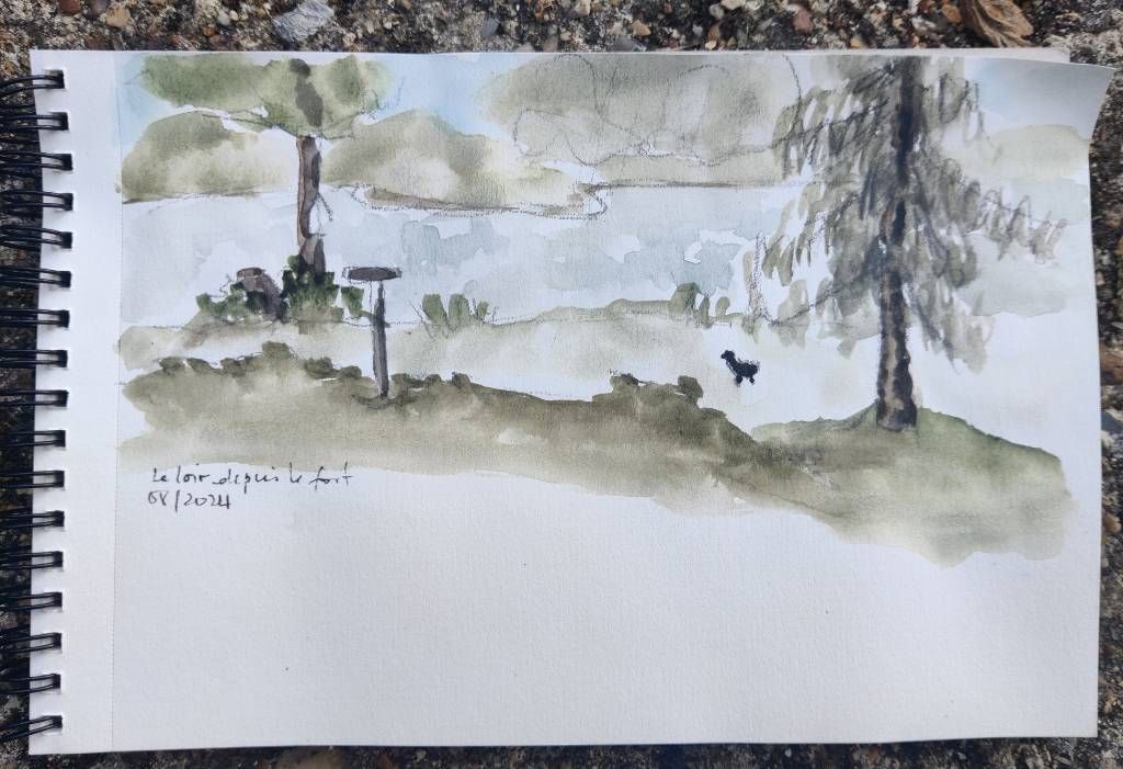 Aquarelle représentant un paysage d'herbe et d'arbres devant un cours d'eau